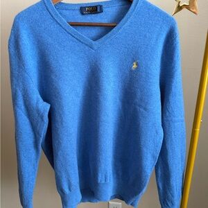Polo Ralph Lauren Blue V Neck Sweater 100% Italian Wool Mens L